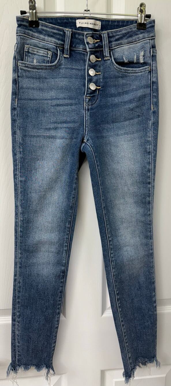 Flying Monkey size 25 button fly shark bite hem line denim jeans